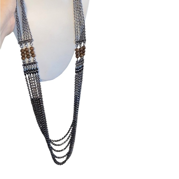Boho style silver tone and wood bead long layered chain necklace - Picture 6 of 7